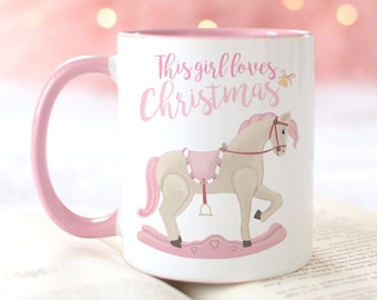 This girl loves Christmas pink mug, pink rocking horse illustration, Cosy winter hot cocoa mug, Sweater weather mug, Xmas stocking stuffer