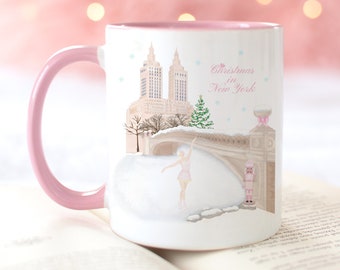 Personalized Gifts New York City Pink Christmas Mug, Custom girl ice skating on a frozen lake during winter time in New York, Christmas gift