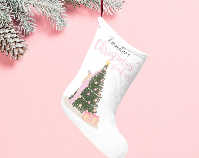 PERSONALIZE Personalized Christmas Stocking, Girl Pink PJs, Four Colour Options, Custom Girl and Name, Xmas Gift for Her, Free Delivery US