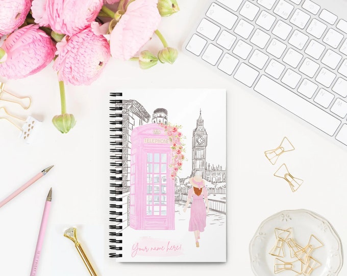 Pink London aesthetic personalized spiral notebook, Teenage girl gifts, Gratitude Journal, Bridesmaid planner, To do list notebook