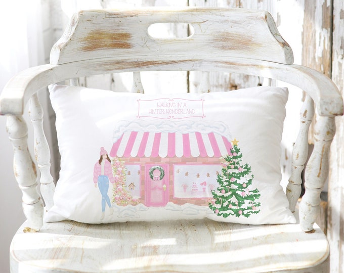 Personalized 20 x 12 rectangle decorative cushion with a beautful winter wonderland Christmas scene