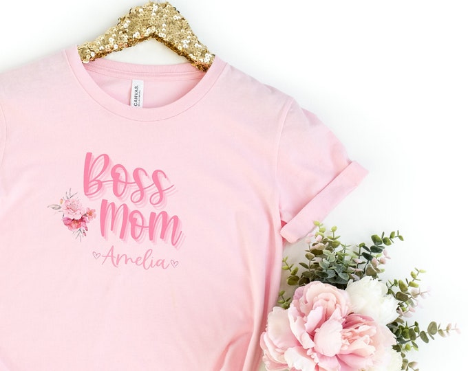 Personalized BOSS MOM tshirt with a feminine watercolor floral illustration