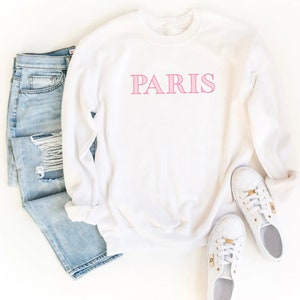 White or Pink Paris Sweatshirt - Paris France Sweatshirt - Paris France Gifts - Light Pink Paris Shirt - Long Sleeve Paris Sweater for Women
