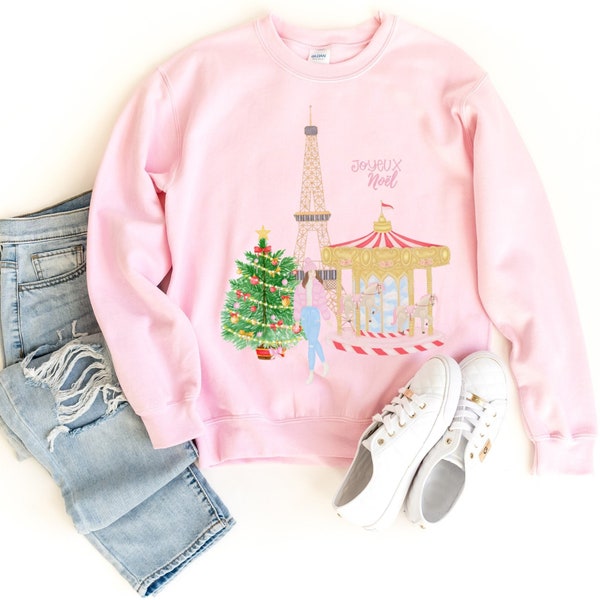 Gepersonaliseerde Joyeux Noel Kerstmis in Parijs wit rood of roze sweatshirt, aangepaste vakantiekleding, Parijs sweatshirt, Kerstmis in Parijs