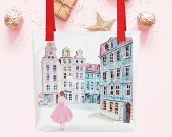 Europe Aesthetic Personalized Fashion Girl Illustration Tote Bag, Cute Tote Bag, Girly Christmas gift idea, Girl Traveler gift, BFF gift