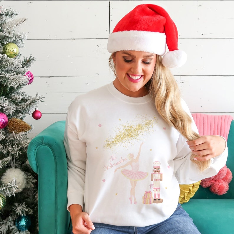 Custom Pink Nutcracker Christmas Sweatshirt, White or pink Christmas sweater, Custom holiday apparel, Cozy Christmas jumper for women image 4