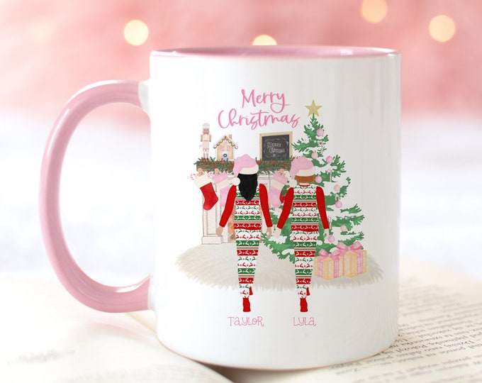 Custom Matching Pink Christmas Mug, Winter Hot Cocoa Mug, Christmas Tree Mug, Matching Bestfriend Mugs, Holiday Mug, Festive Mug, Cozy Mug