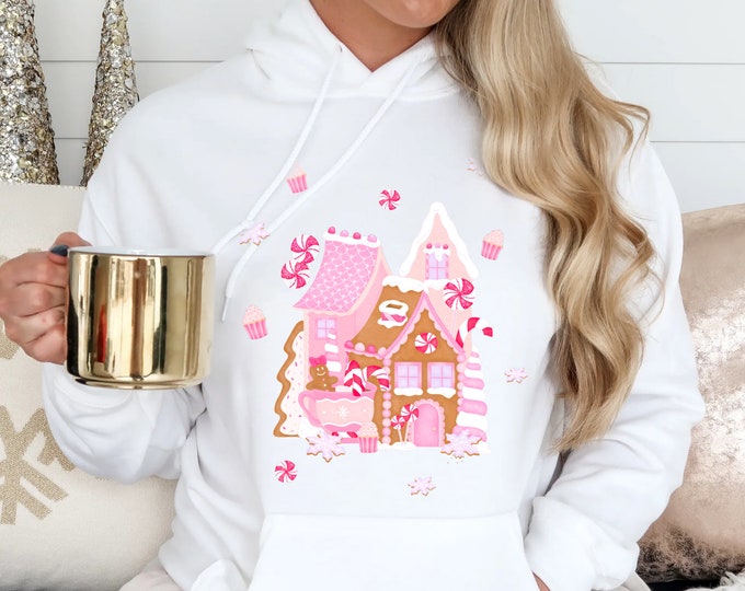 Pink Christmas Hoodie, Gingerbread House Christmas Sweatshirt, Christmas Sweater Girl, Pink Holiday apparel, Cozy Christmas Shirt for Women