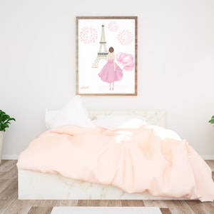 Custom High Quality Art Print, Girl with pink balloons in Paris, Wall Art, Room Decor, Personalized Gift, Valentines Day Gift for Her, BFF