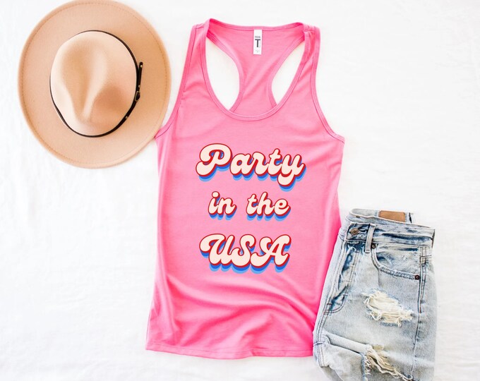 Pink Retro Party in the USA Tank Top, 4th of July Shirt, Patriotic Shirt, Fourth of July Shirt, Girls Trip Shirts, Groovy Racerback Tank