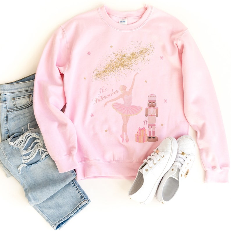 Custom Pink Nutcracker Christmas Sweatshirt, White or pink Christmas sweater, Custom holiday apparel, Cozy Christmas jumper for women image 1