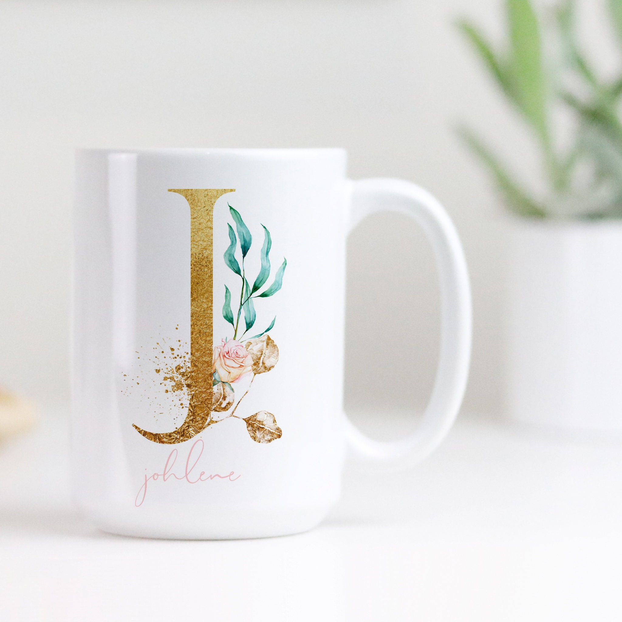 Tasse Blanche Monogramme Floral - Lettre N - Initiale - Cadeau Personnalisé