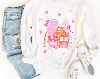 Pink Christmas Sweatshirt, Gingerbread House Crew Neck