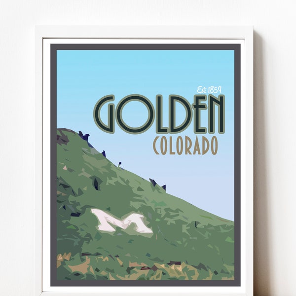 Golden Colorado M, Colorado Poster, Vintage Tourism Art, Gift from Colorado, Downtown Golden, School of Mines