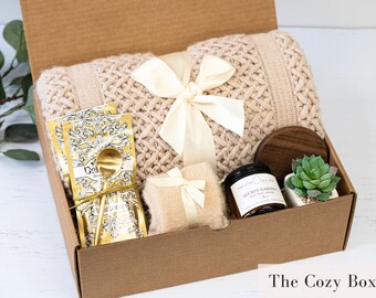 Classy Gift Basket for Women, Cozy Gift Box with Blanket, Socks, Candle, Self Care Gift Box, Care Package, Gifts for Her for Any Occasion