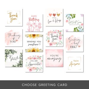 Puede incluir: Una colecci&oacute;n de tarjetas de felicitaci&oacute;n cuadradas con varios mensajes y dise&ntilde;os. Las tarjetas incluyen frases como "Gracias", "Feliz cumplea&ntilde;os" y "Que te mejores pronto". Se presentan elementos florales y de acuarela, con "ELIGE TARJETA DE FELICITACI&Oacute;N" en la parte inferior.