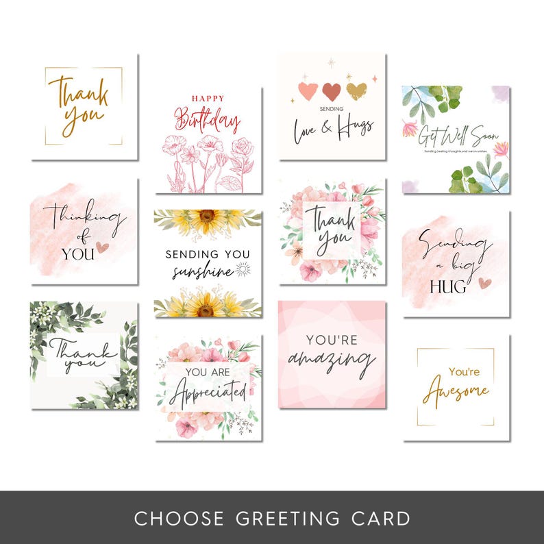 Puede incluir: Una colecci&oacute;n de tarjetas de felicitaci&oacute;n cuadradas con varios mensajes y dise&ntilde;os. Las tarjetas incluyen frases como "Gracias", "Feliz cumplea&ntilde;os" y "Que te mejores pronto". Se presentan elementos florales y de acuarela, con "ELIGE TARJETA DE FELICITACI&Oacute;N" en la parte inferior.