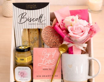 Mother’s Day Gift Box, Gift for Mom, Self Care Spa Basket, Tea Lover Gift Set, Candle Bath Soak Chocolate Cookies
