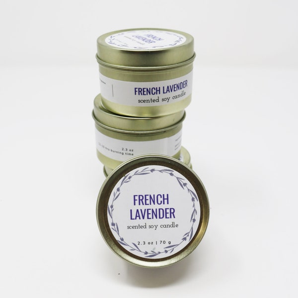 1 (ONE) French Lavender 2.3 oz Hand Poured Soy Candle in a Gold Tin - Build a Box + Add On