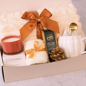 Cozy Fall Gift Box For Women Hug in a Box Self Care Package Hygge Gift Box Fall Dough Bowl Candle Gift Cozy Blanket Gift Basket for Women