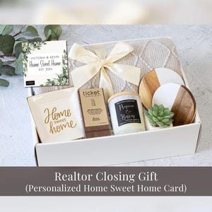 Panier-cadeau de pendaison de crémaillère, cadeau de clôture d'agent immobilier pour un acheteur, logo personnalisé d'agent immobilier, cadeau personnalisé pour les clients, cadeau agent immobilier pour les vendeurs - gris