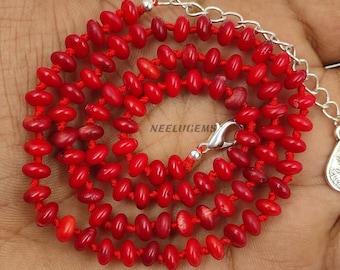 Hand Knotted Red Coral Necklace, Natural Gemstone Bead Jewelry, Mediterranean Style Choker, Root Chakra Protection Stone, Boho Nautical Gift