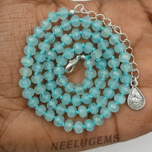Handgeknoopte aquamarijnkwartsketting, geknoopte ketting aquamarijn, geknoopte ketting aquamarijnkwarts, ketting kwarts, handgemaakte ketting