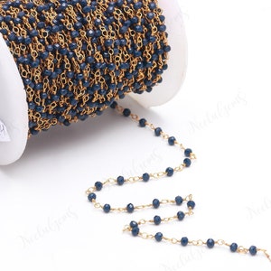Beautiful Blue Sapphire Hydro Rondelle Beads Chain,3 MM Gold Plated Wire Wrap Microcut Beaded Chain,Rosary Chain For Handmade Jewelry
