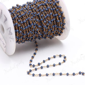 Beautiful Blue Sapphire Hydro Rondelle Beads Chain,3 MM Gold Plated Wire Wrap Microcut Beaded Chain,Rosary Chain For Handmade Jewelry Craft