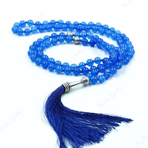 Mala de calcedonia azul de 108 cuentas, collar con borla de mala de calcedonia anudado a mano, mala de calcedonia azul natural de 108 cuentas, hecho a mano.