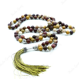 Mookite Jasper Beads Mala Necklace-108 Hand Knotted Mala Necklace,Gemstone Beads Yoga,Prayer & Meditation Mala Necklace,Beaded Necklace Cap Tassel