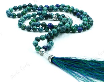 Azurite Malachite Beads Mala Necklace-108 Hand Knotted Mala Necklace,Gemstone Beads Yoga,Prayer & Meditation Mala Necklace,Beaded Necklace