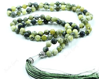 Yellow Serpentine Beads Mala Necklace-108 Hand Knotted Mala Necklace,Gemstone Beads Yoga,Prayer & Meditation Mala Necklace,Beaded Necklace