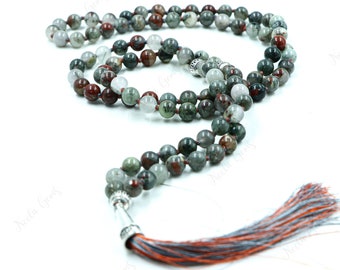 Bloodstone Beads Mala Necklace-108 Hand Knotted Mala Necklace,Gemstone Beads Yoga,Prayer & Meditation Mala Necklace,Beaded Necklace