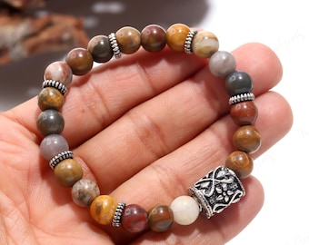 Armband av naturligt förstenat trä 8 mm, forntida fossil sten för tålamod och livslängd, jordig brun ädelsten, unisex jordningsgåva för visdom