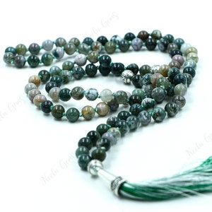Mala de cuentas de ágata india - Mala anudado a mano 108, Mala de cuentas de piedras preciosas para yoga, oración y meditación, Collar de cuentas