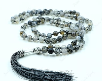 Dragon Vein Agaat kralen Mala ketting-108 handgeknoopte Mala ketting, edelsteen kralen yoga, gebed & meditatie Mala ketting, kralen ketting