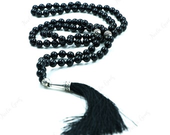 Black Onyx Mala Necklace 108 Beads Hand Knotted - Protection Crystal Prayer Beads - Meditation Tassel Jewelry - Yoga Zen Gift for Men Women