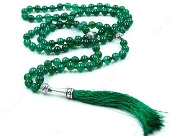 Collier Mala de perles d’onyx vert-108 Collier Mala noué à la main, perles de pierres précieuses Yoga, collier Mala de prière et de méditation, collier Mala perlé