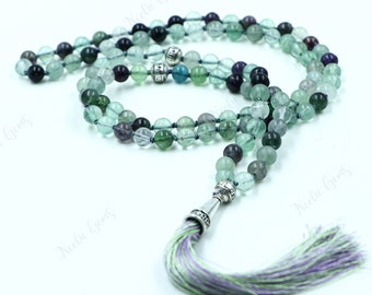 Multi Fluorite Beads Mala Necklace-108 Hand Knotted Mala Necklace,Gemstone Beads Yoga,Prayer & Meditation Mala Necklace,Beaded Necklace