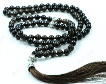 Smoky Quartz Beads Mala Necklace-108 Hand Knotted Mala Necklace,Gemstone Beads Yoga,Prayer & Meditation Mala Necklace,Quartz Beaded Necklace