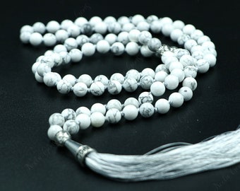 White Howlite Beads Mala Necklace-108 Hand Knotted Mala Necklace,Gemstone Beads Yoga,Prayer & Meditation Mala Necklace,Beaded Necklace