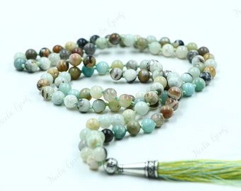 Multi amazzonite perline mala collana-108 annodato a mano mala collana, perline di pietre preziose yoga, preghiera e meditazione mala collana, collana di perline