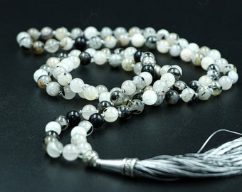 Collier Mala de perles de rutile noires-108 collier Mala noué à la main, perles de pierres précieuses Yoga, collier Mala de prière et de méditation, collier de perles
