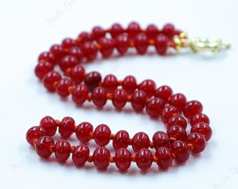 Hand Knotted Red Onyx Quartz Beaded Necklace,Red Quartz Rondelle Beads Necklace,Quartz Smooth Beads Necklace,Red Quartz Knotted Necklace