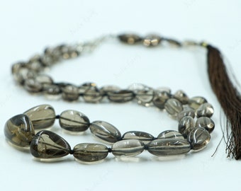 Collar de pepitas de cuarzo ahumado anudado a mano, cuentas de guijarro marrón natural, joyería de cristal de conexión a tierra, piedra preciosa en bruto, estilo bohemio de lujo.