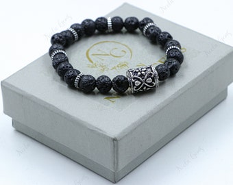 Natural Black Lava Rock Bracelet 8mm, Aromatherapy Essential Oil Diffuser, Grounding Stone Jewelry Mens Beaded Bracelet, Anxiety Relief Gift