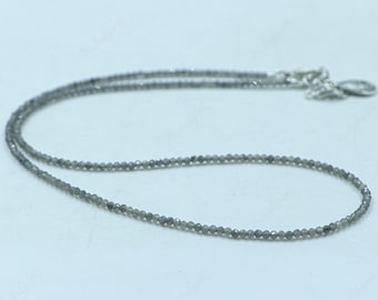 Natural Gray Obsidian Micro Cut Faceted Beads Necklace,2MM Gemstone Beaded Necklaces Jewelry for Men&Women,Handmade Necklace Gift for Her