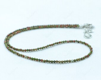 Faceted Unakite Jasper Beaded Necklace, Natural Pink and Green Gemstone Choker, Dainty Sparkly Stone Jewelry, Heart Chakra Gift for Her