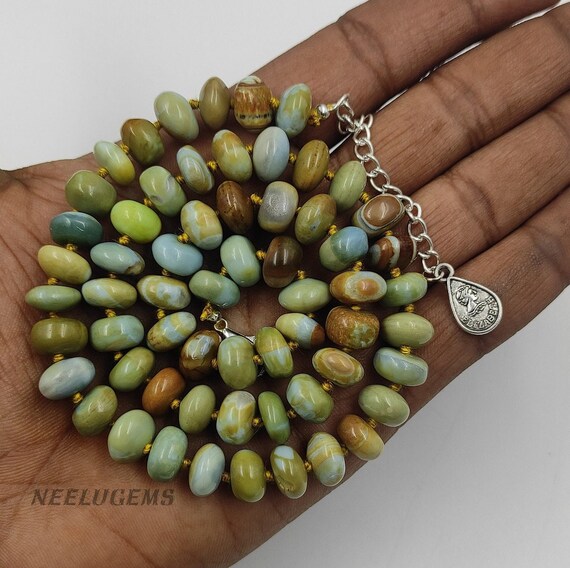 Hand Knotted Green Boulder Opal Necklace peruvian Green Opal